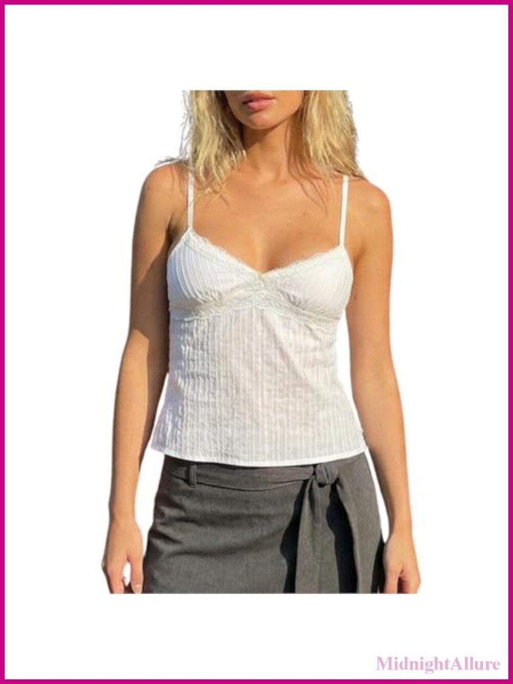 Y2K Babydoll Tank Top Lace Trim V Neck Spaghetti Strap Crop Cami Flowy Summer